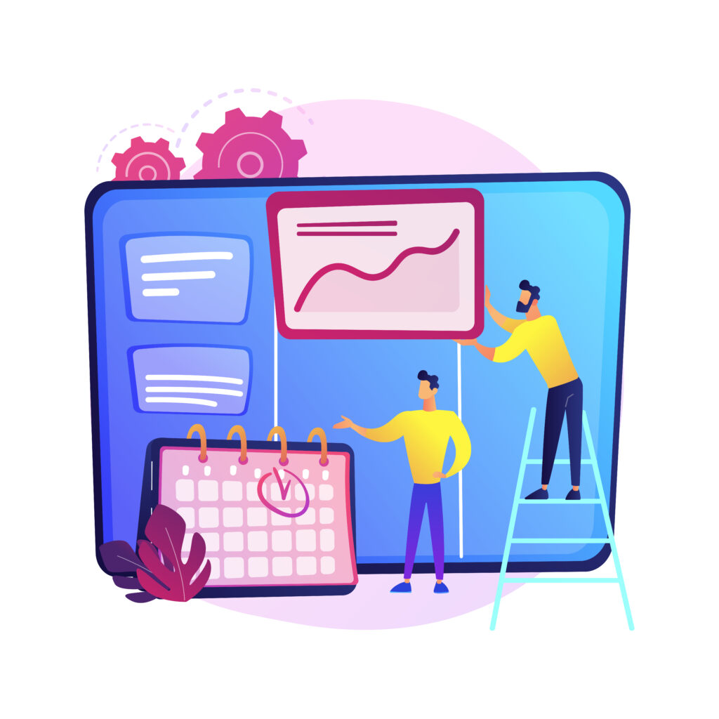 Kanban board with to do lists. Task and time management method. Project process, workflow optimization, organization. KPI performance efficiency. Vector isolated concept metaphor illustration