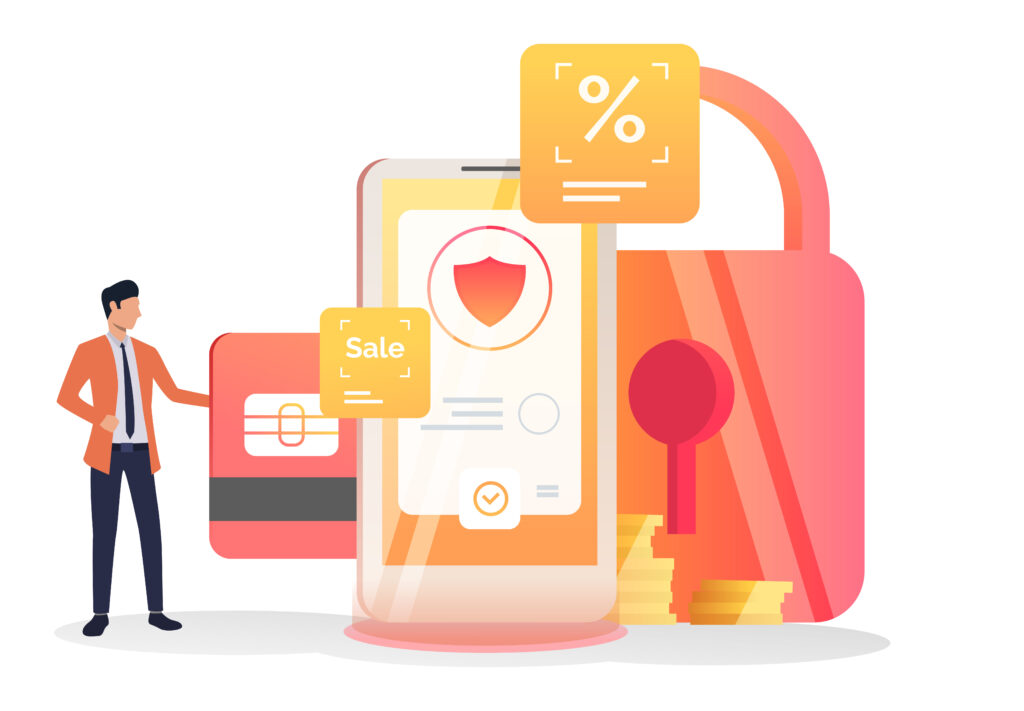 Business leader inserting credit card into cell. Smartphone, lock, shield. Security concept. Vector illustration for layouts, landing pages, website templates